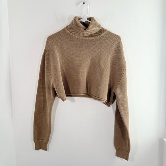 Zara Brown Knit Turtleneck Boxy Cropped Sweater Size Large - Picture 2 of 12